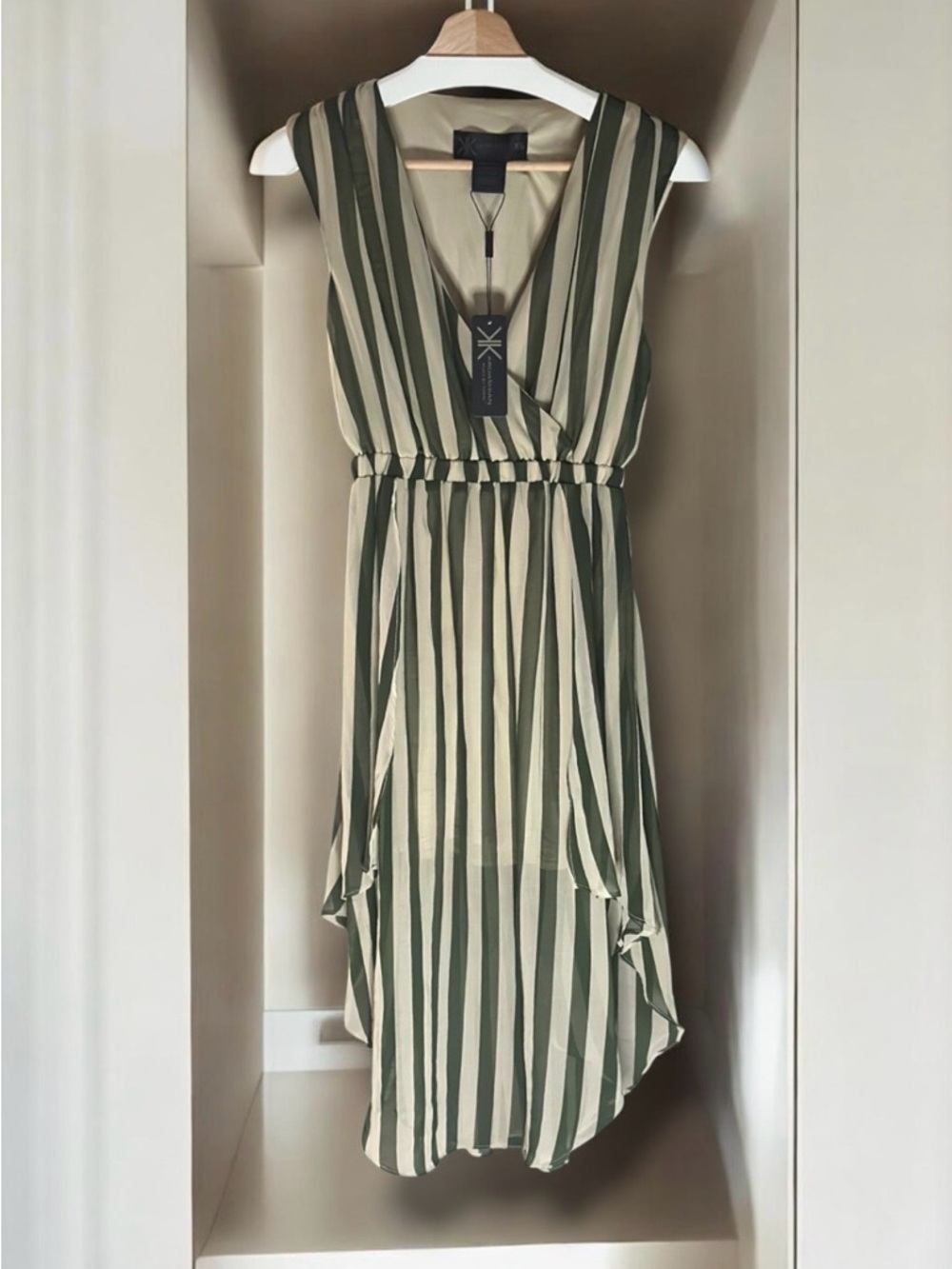 Kardashian Kollection | Olive and Cream Striped High-Low V-Neck Wrap Dress NWT🏷️